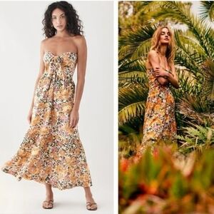 ba&sh Dalid Bustier Floral Maxi Dress in Ocre Bohemian Strapless Summer Spring L